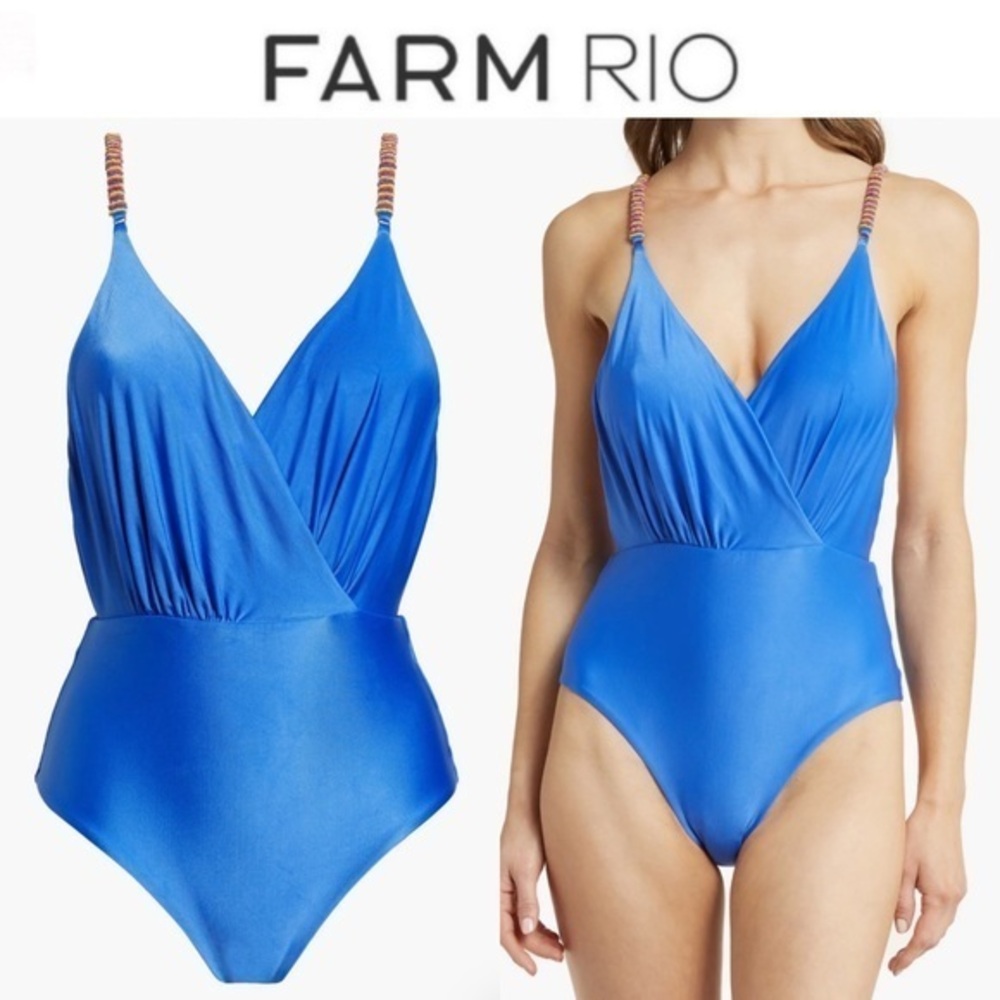 FARM RIO Beaded Strap One-Piece Swimsuit in Blue Sz XL 195$